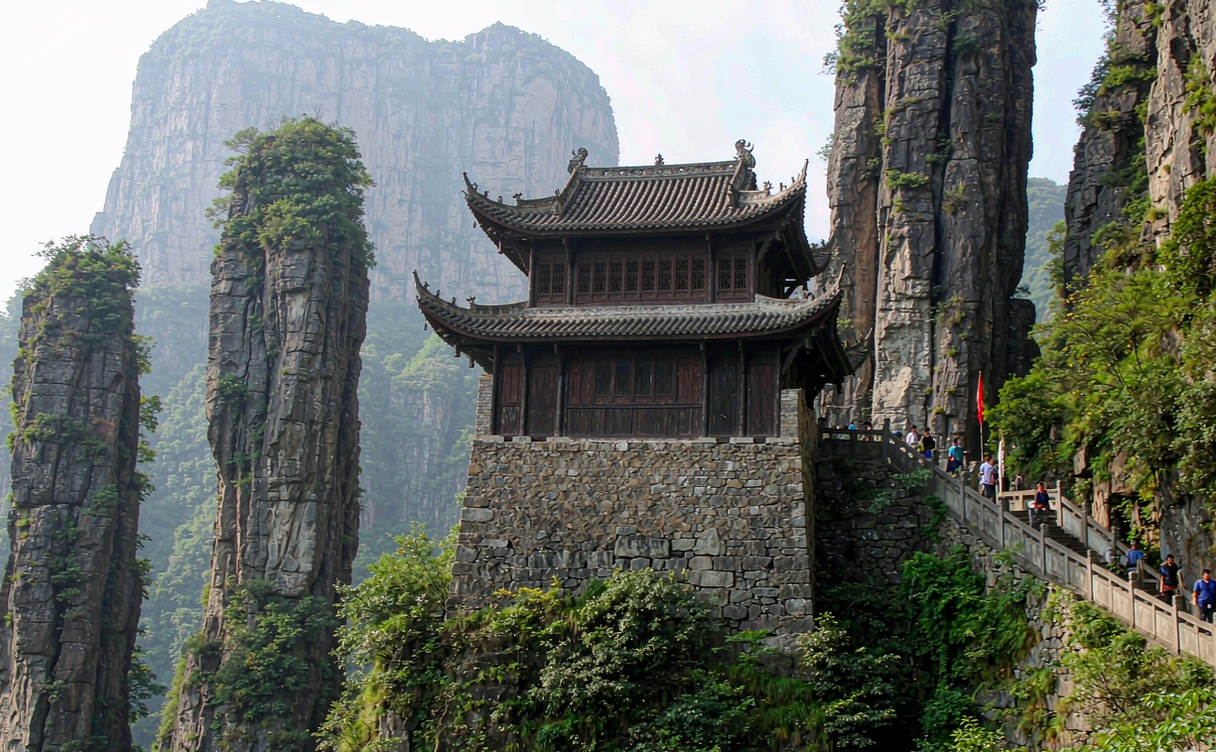 Jianmen Pass stone gate between red cliffs in Sichuan China