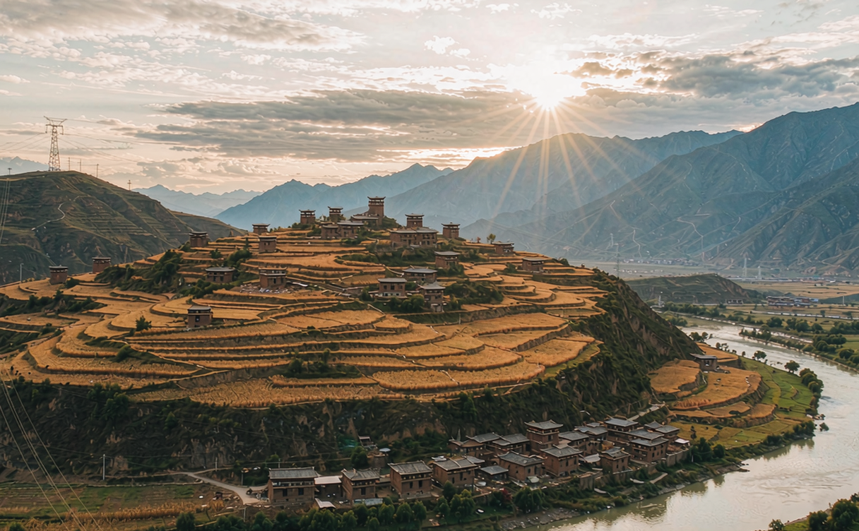Jinchuan Tibetan stone tower village among pear blossoms
