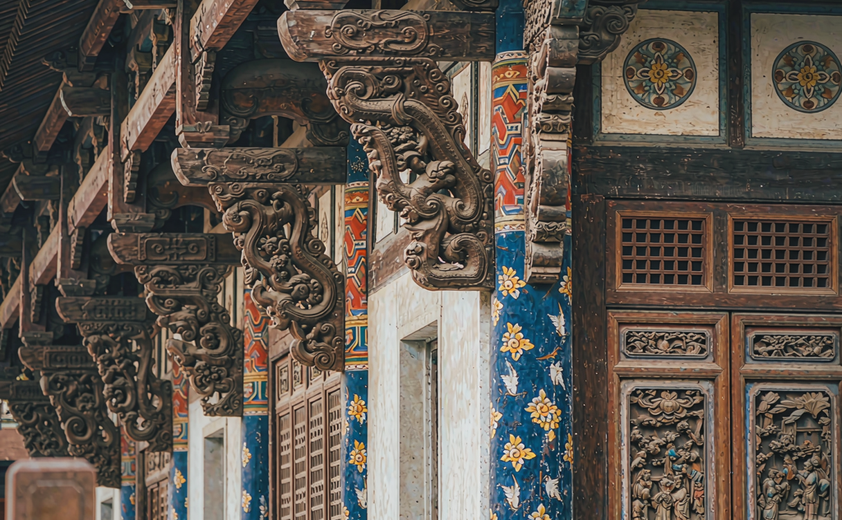 Holy Mother Hall and the cross-shaped Fish Pond Flying Bridge at Jinci Temple near Taiyuan, China