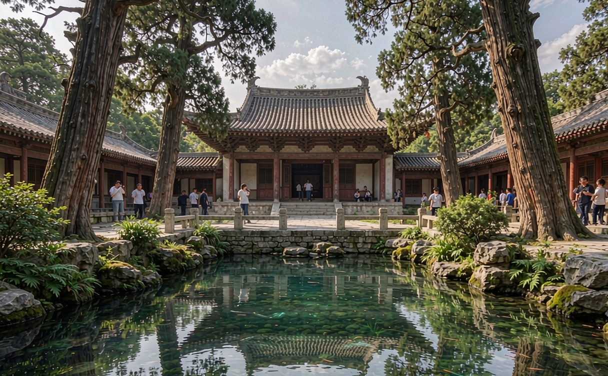Ancient cypress trees and a carved stone bridge over spring-fed water at Jinci Temple, Taiyuan, China