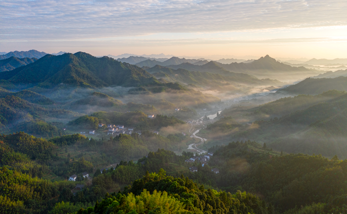 Terraced fields and a stone bridge in the Jingde countryside of Anhui