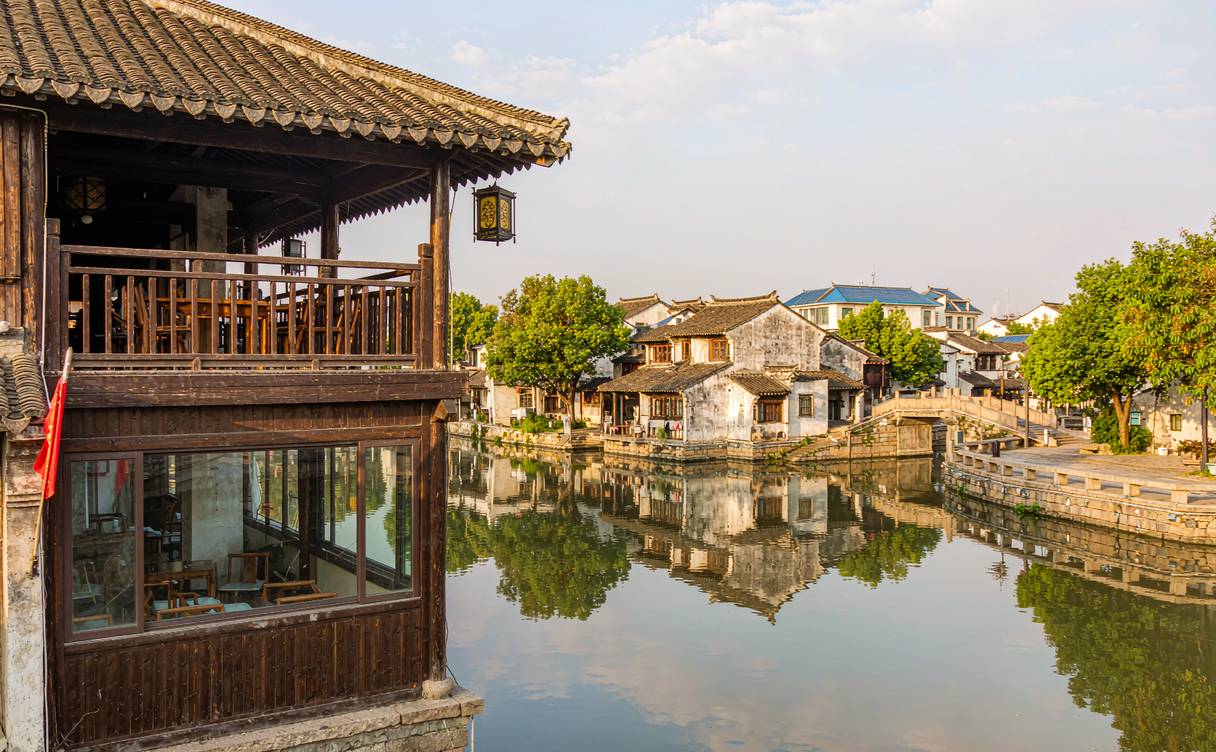 Canal reflections and old houses in Jinxi ancient town, Kunshan, Jiangsu, China