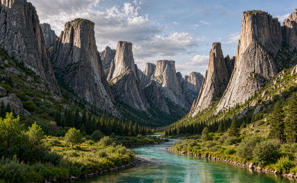 Koktokay granite pinnacle and birch forest in Xinjiang, China