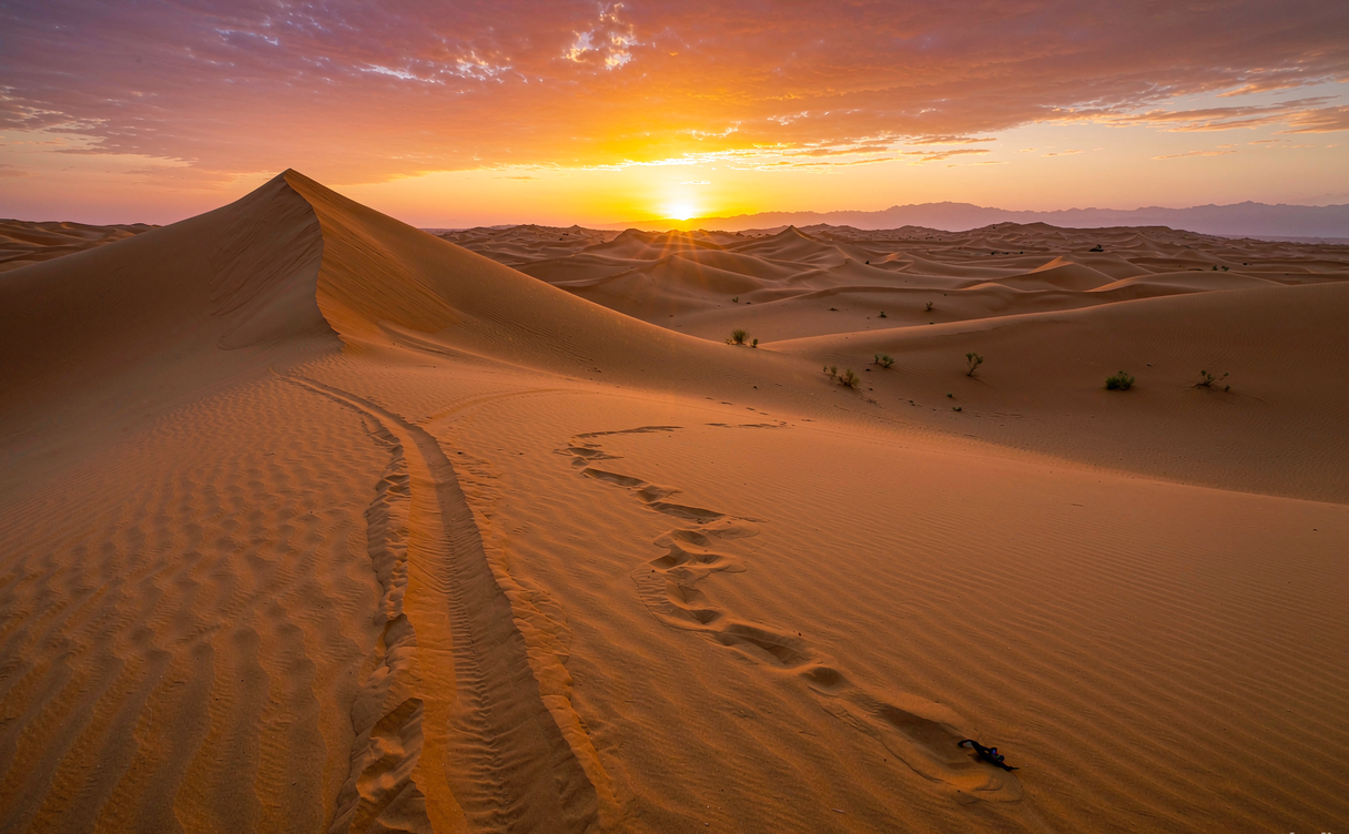 Camel train walking across Kumtag Desert dunes at golden hour