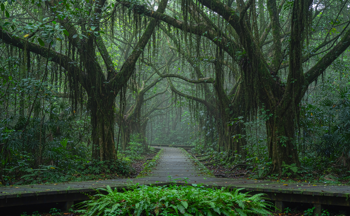 Wooden boardwalk winding through misty Jianfengling rainforest with tall trees