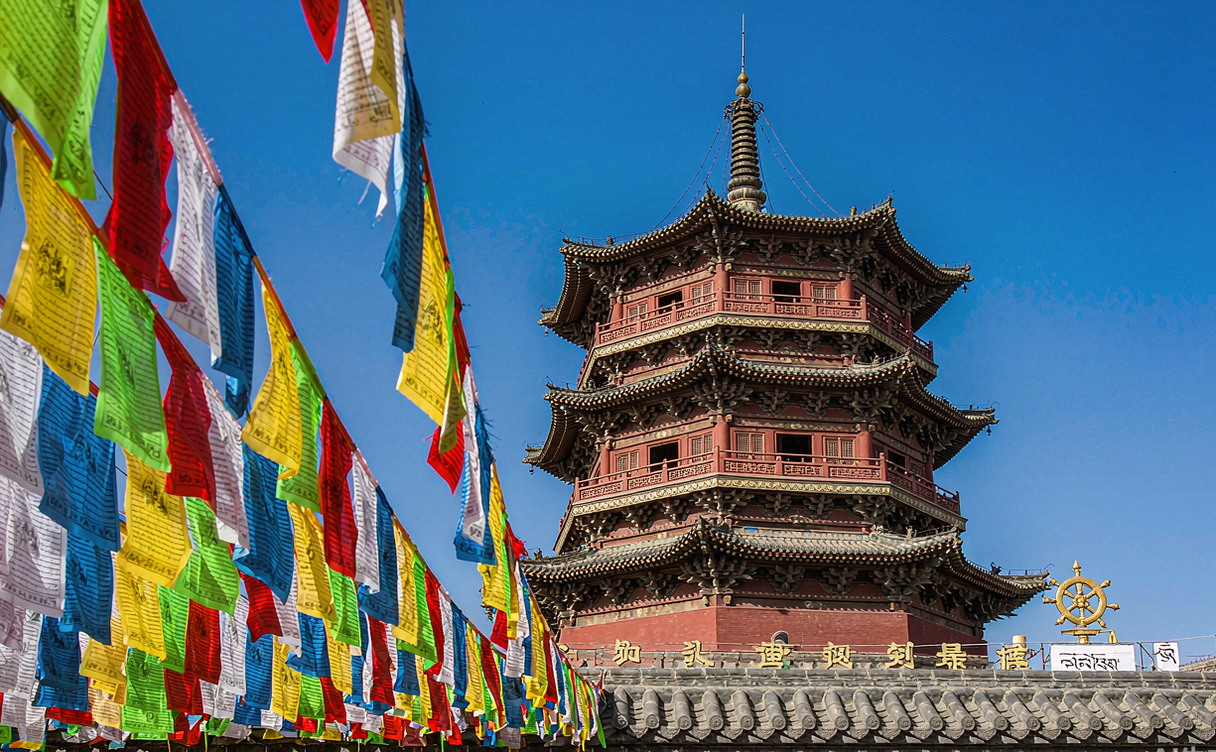 The White Pagoda and prayer flags of Guangyou Temple in Liaoyang, Liaoning, China