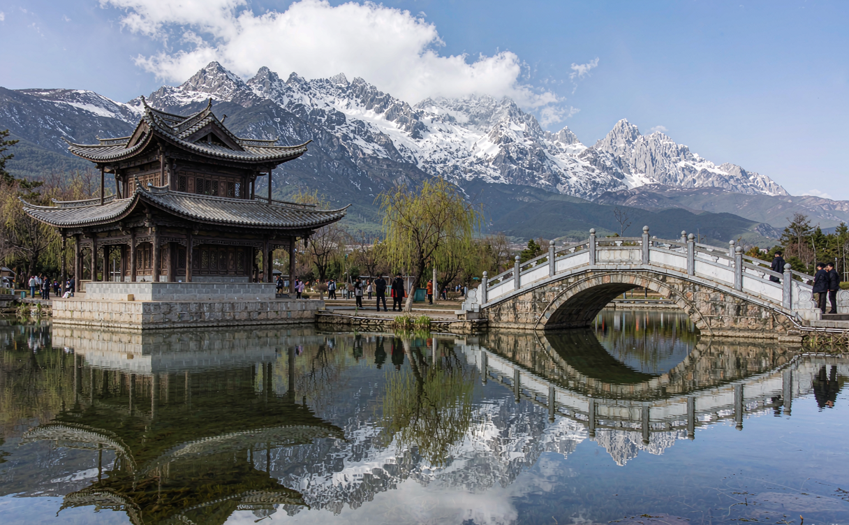 Baisha Village rooftops with Jade Dragon Snow Mountain behind