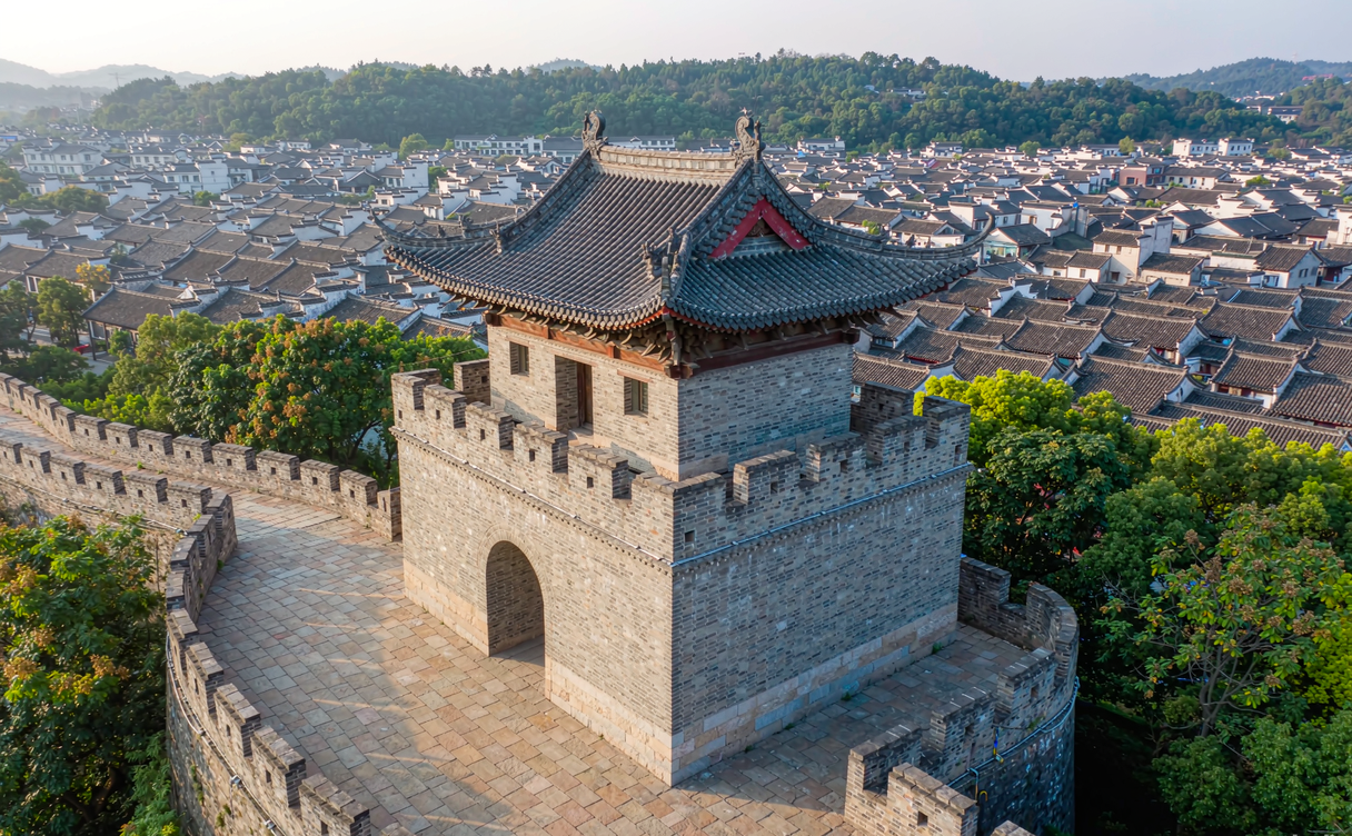 The grey-brick shops and lanterns of Ziyang ancient street in old Linhai, Zhejiang, China