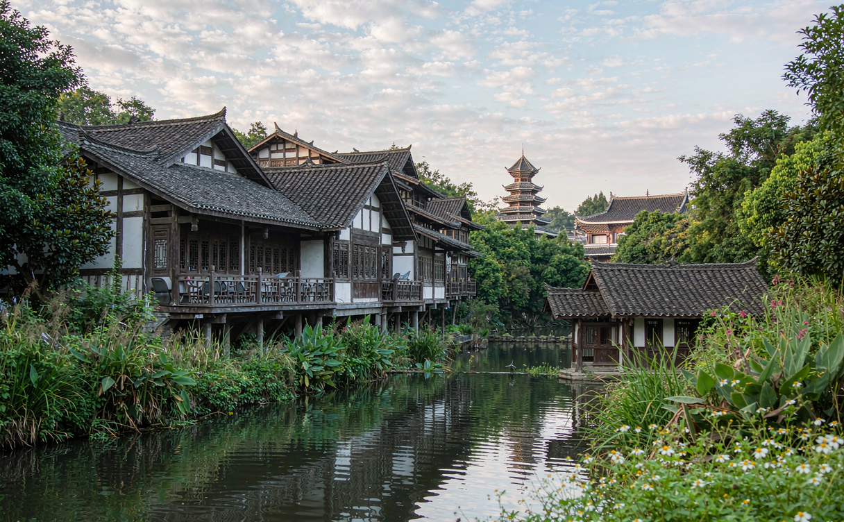 Dong ethnic wind and rain bridge over a river in Liping Guizhou