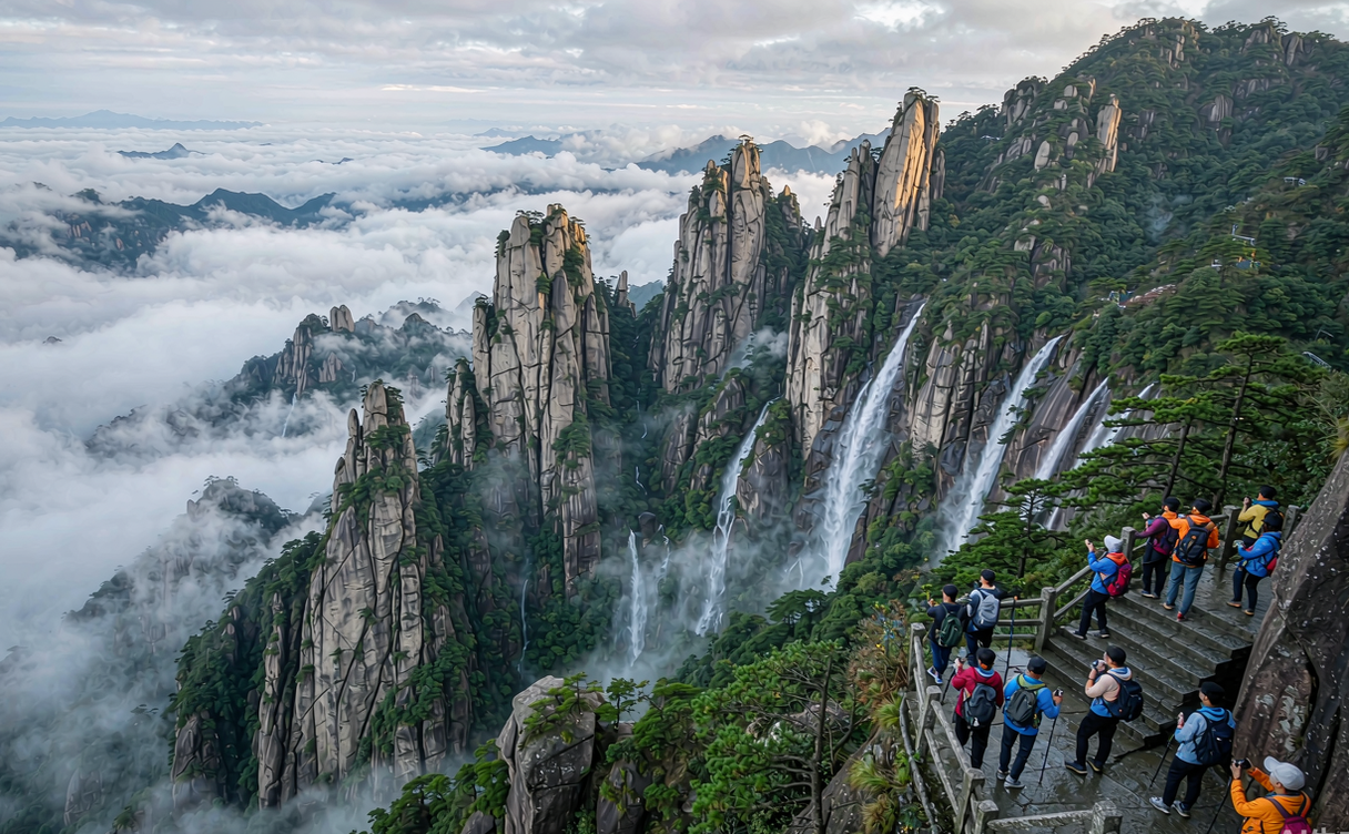 Tiantangzhai summit waterfalls and cloud sea with hikers on stone steps