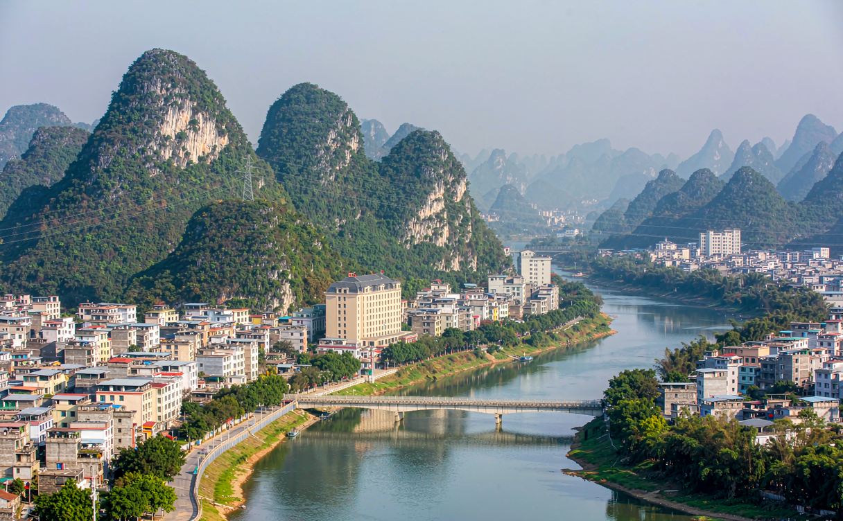 Karst riverside landscape near the Longzhou Vietnam border