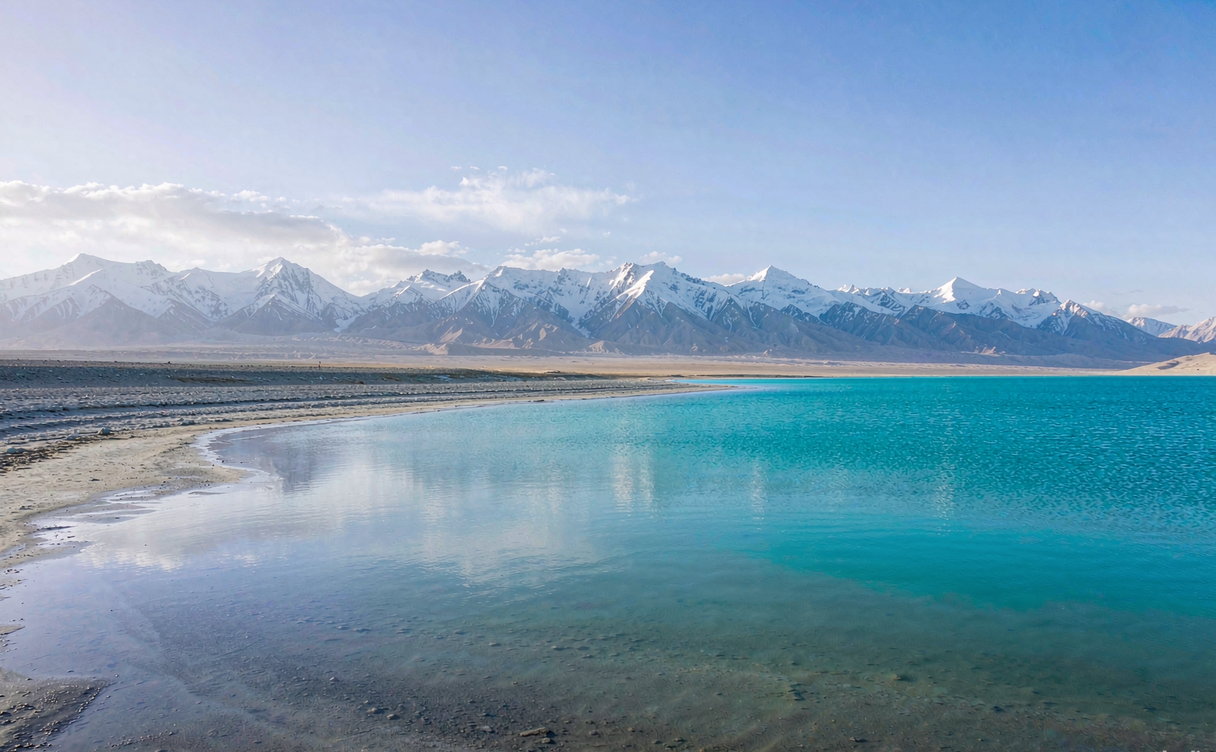 Chiu Gompa monastery with prayer flags above Lake Manasarovar at dusk, Tibet, China