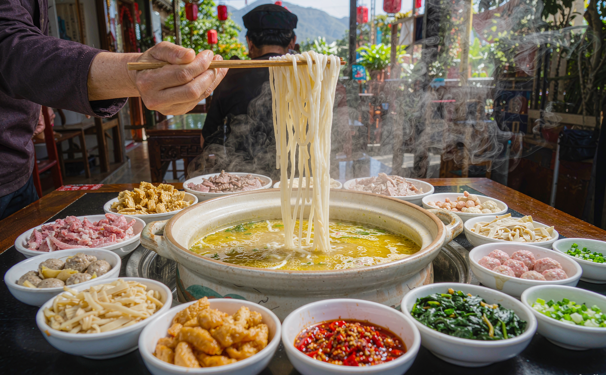 Cross-Bridge Rice Noodles served in Mengzi Yunnan