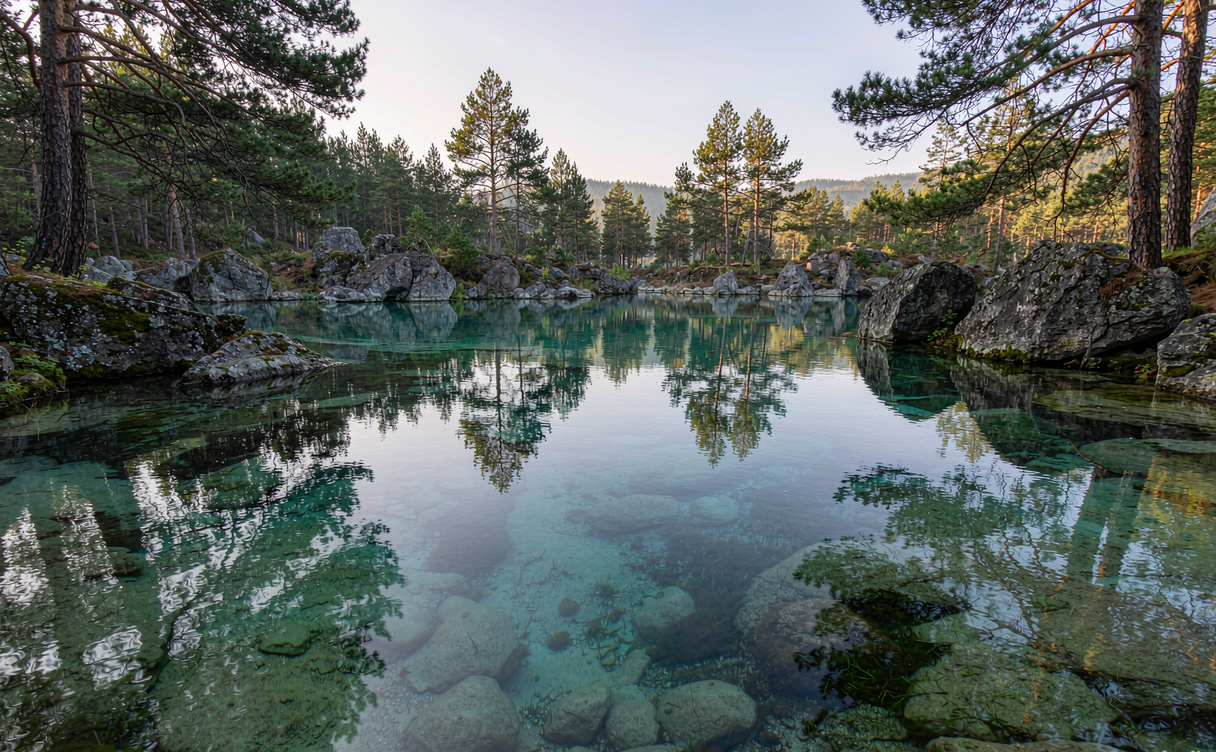 Munigou Erdaohai twin lakes turquoise travertine pools among pine forest in Sichuan