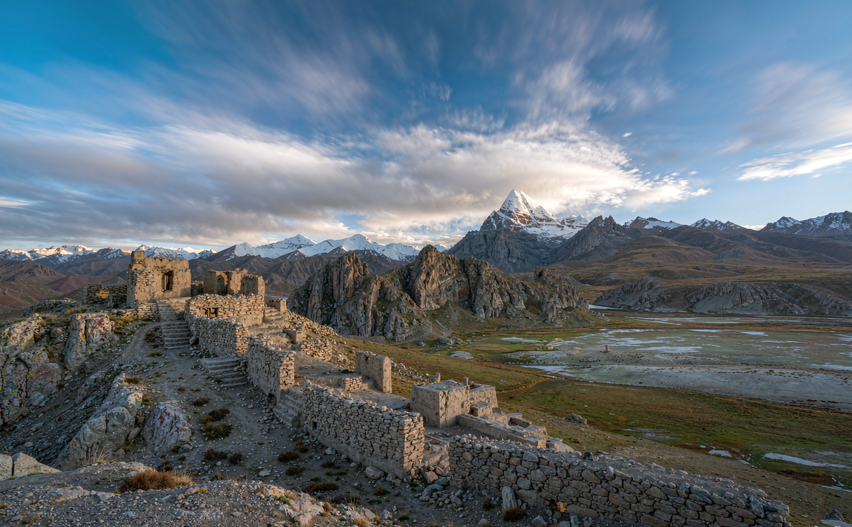 Guge Kingdom cliff ruins at sunset in Ngari, Tibet, China
