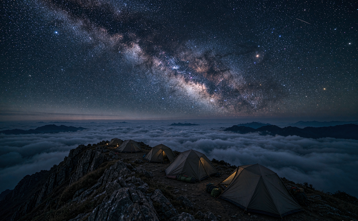 Niubei Mountain sea of clouds with campers and Milky Way above the ridge in Sichuan