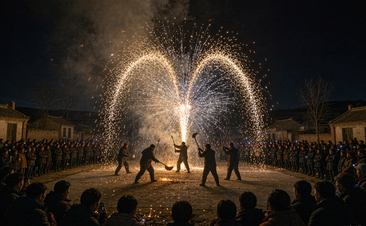 Nuanquan iron flower fireworks at night