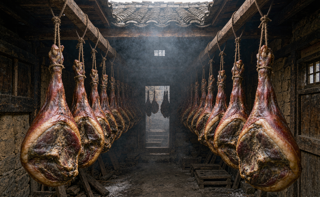 Hanging Nuodeng ham in a mountain smokehouse in Yunnan