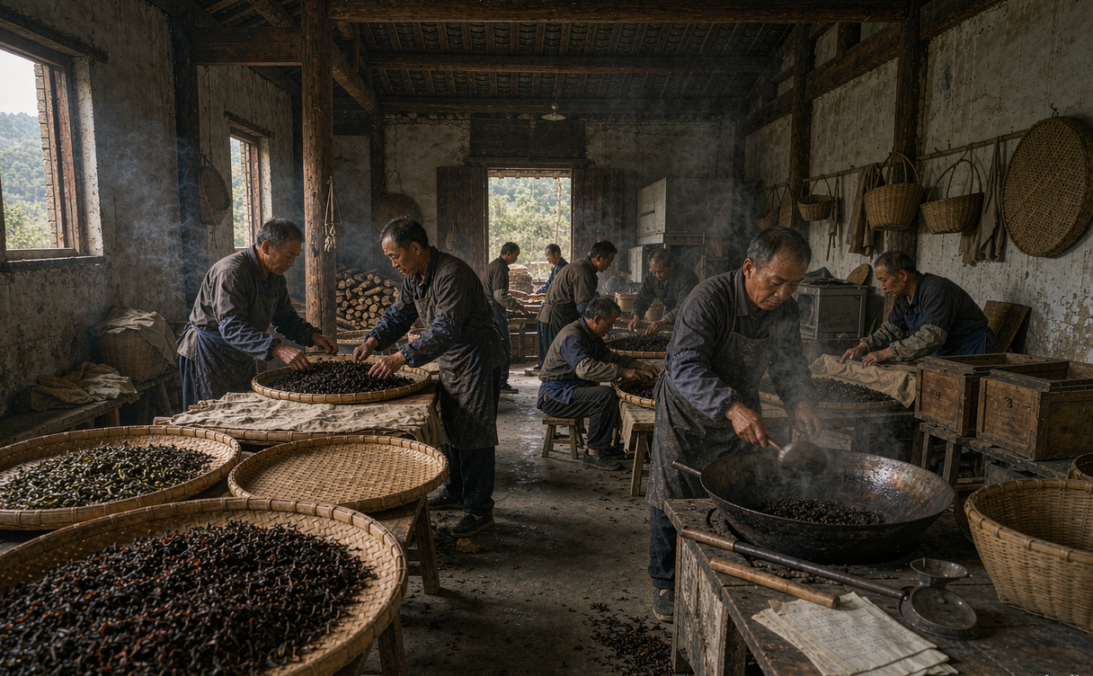 A family tea workshop with drying racks of Qimen black tea leaves in Anhui, China