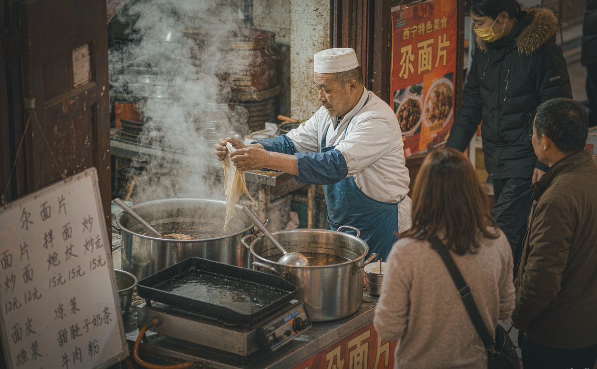 Buttered tsampa, dried cheese and salted milk tea served in a Tibetan-style tent kitchen in Qinghai