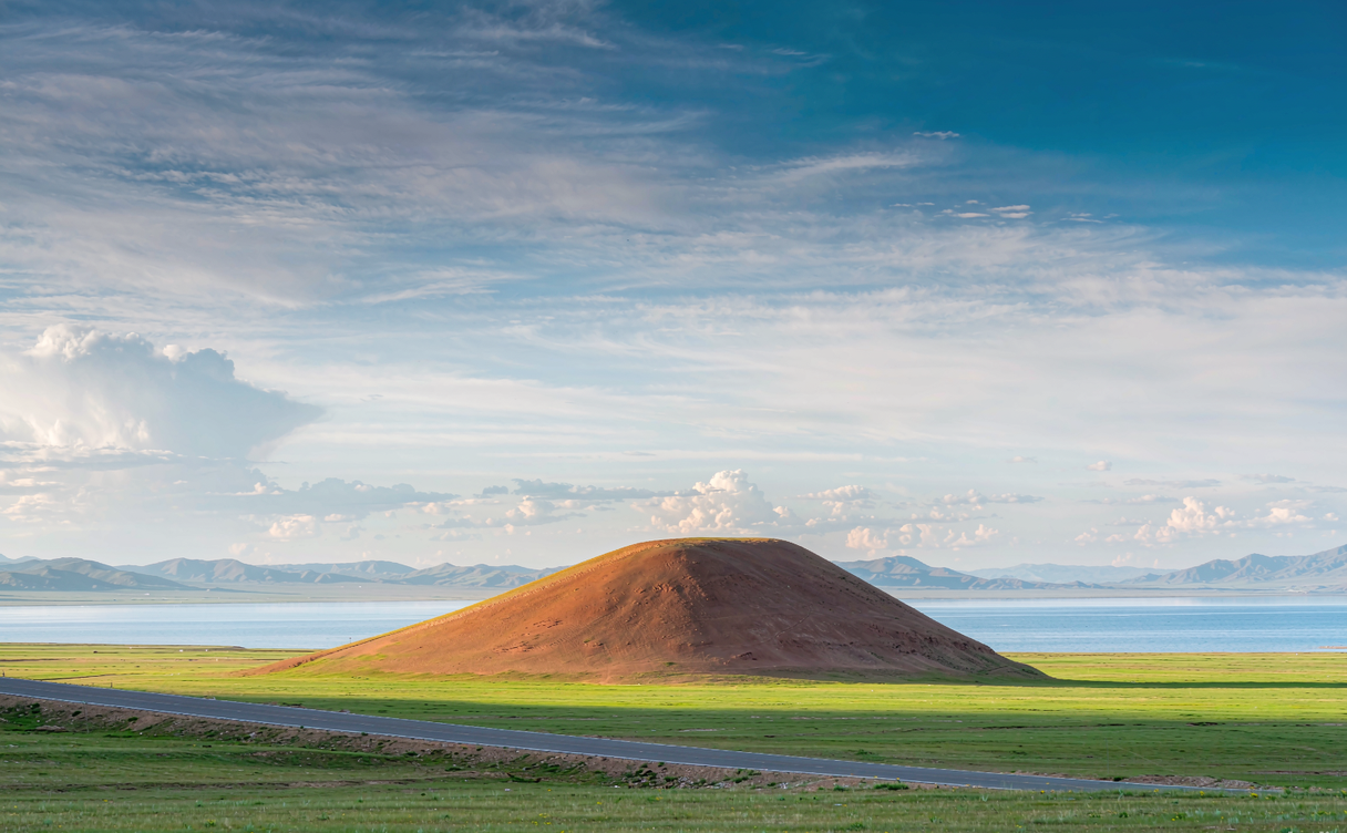 Golden rapeseed fields bordering the blue water of Qinghai Lake in summer, Qinghai province