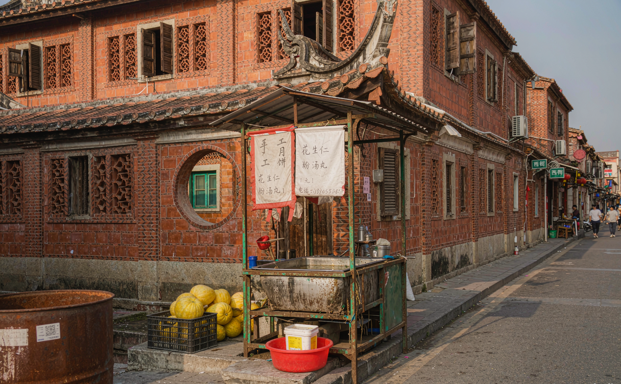 Food stalls and red-brick qilou shophouses along Xijie street in Quanzhou old town