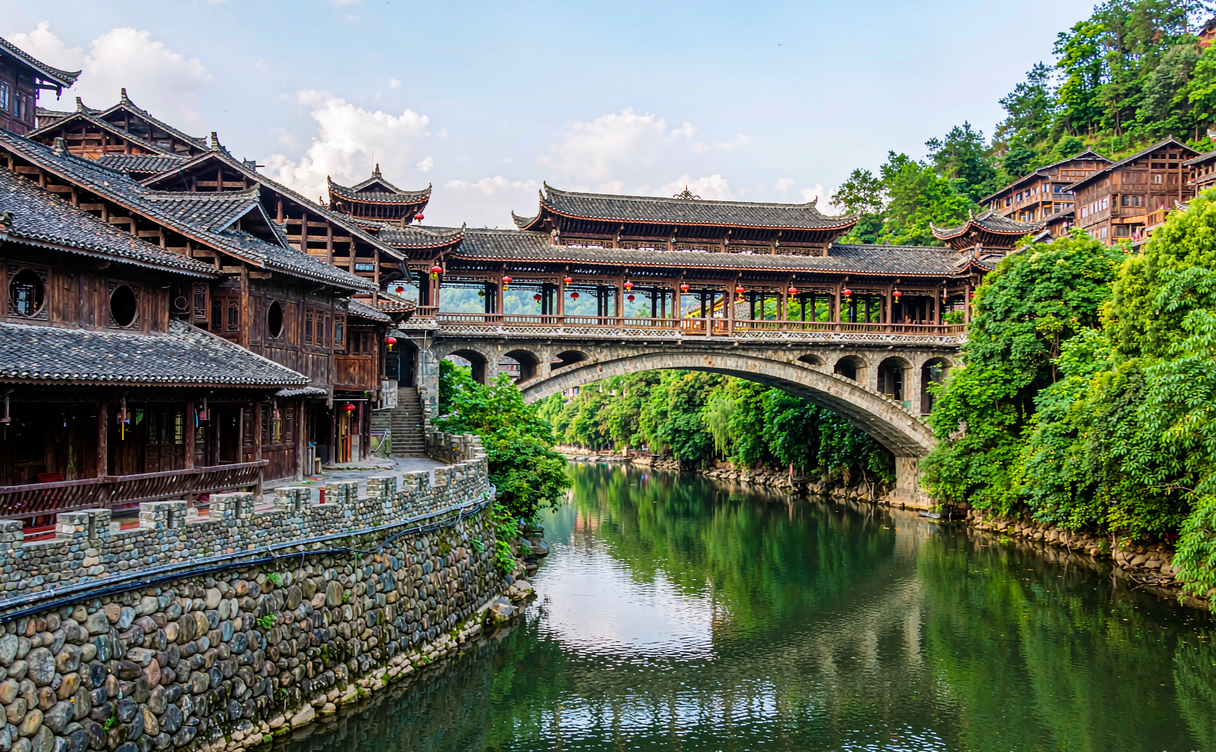Dong village drum tower and terraced fields near Rongjiang