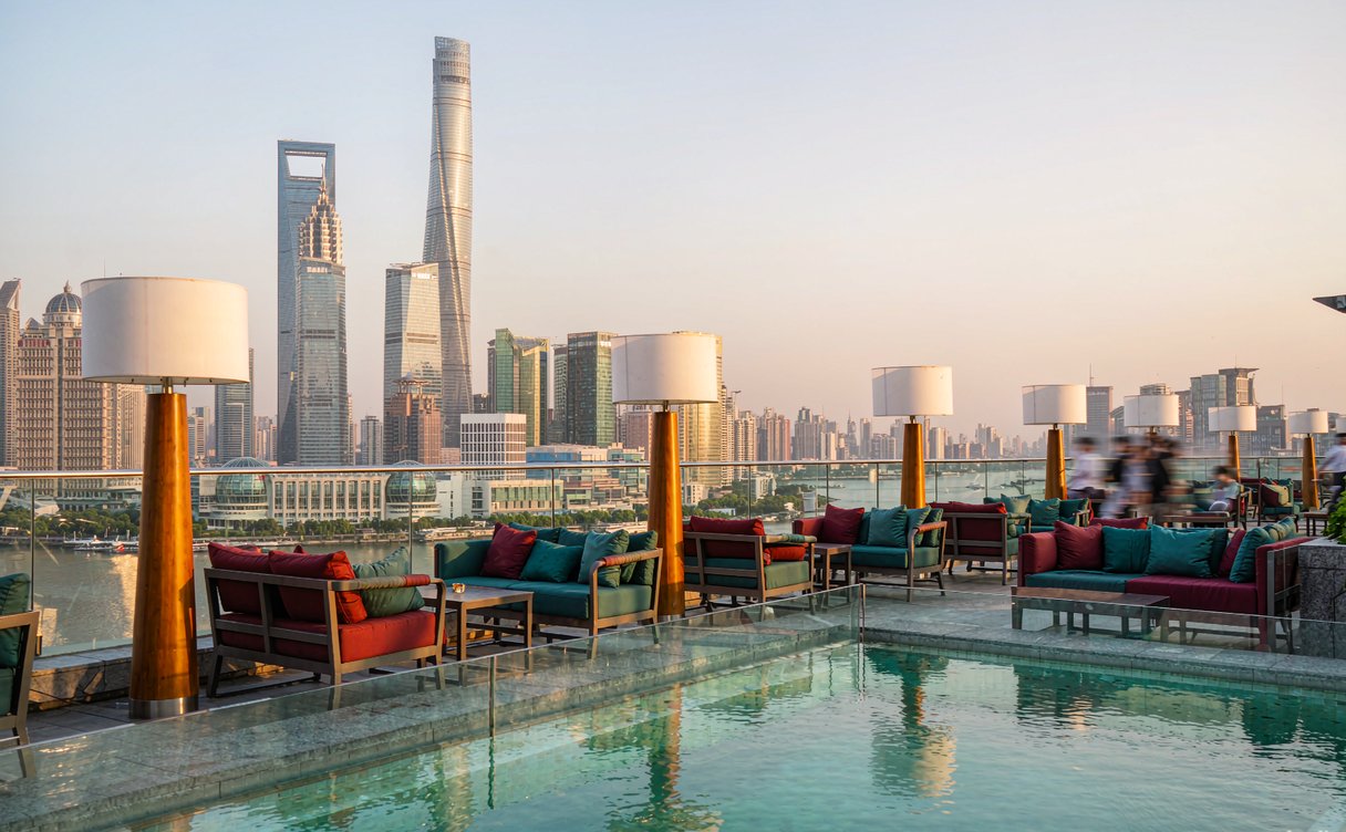 Rooftop cocktail bar overlooking the Bund and Pudong skyline in Shanghai