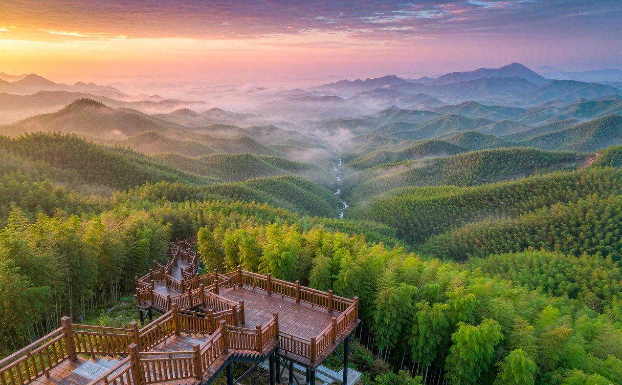 Wooden trail over Sanzhaolun mountain stream