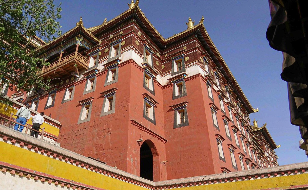 Sera Monastery red walls and prayer wheels in Lhasa, Tibet, China
