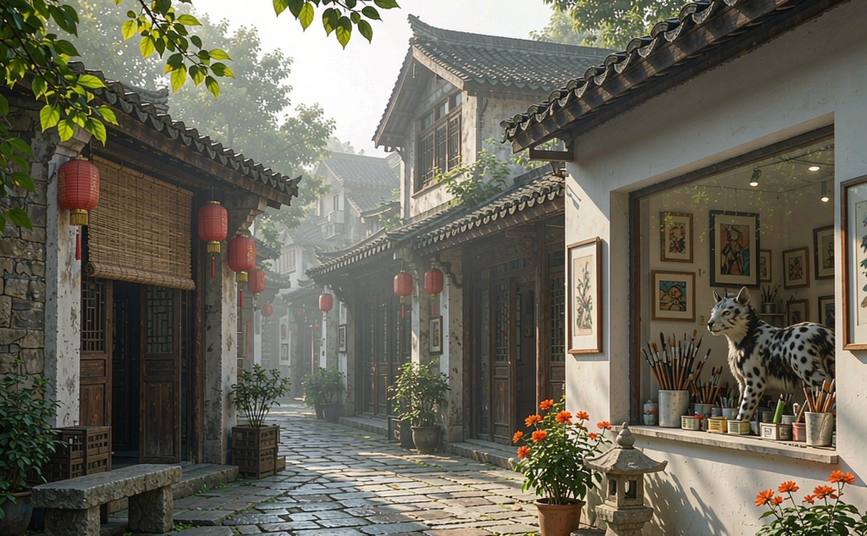 Tianzifang narrow brick lane with lanterns in Shanghai, China