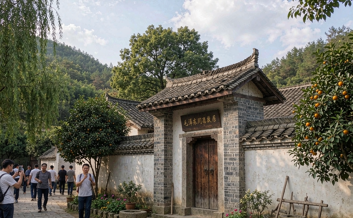 Traditional Hunan farmhouse birthplace of Mao Zedong set among green hills in Shaoshan