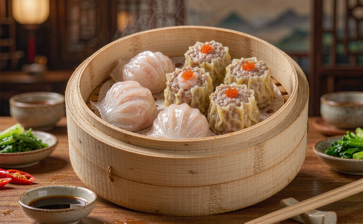 Steamed dim sum baskets of har gow and siu mai at a Shenzhen restaurant