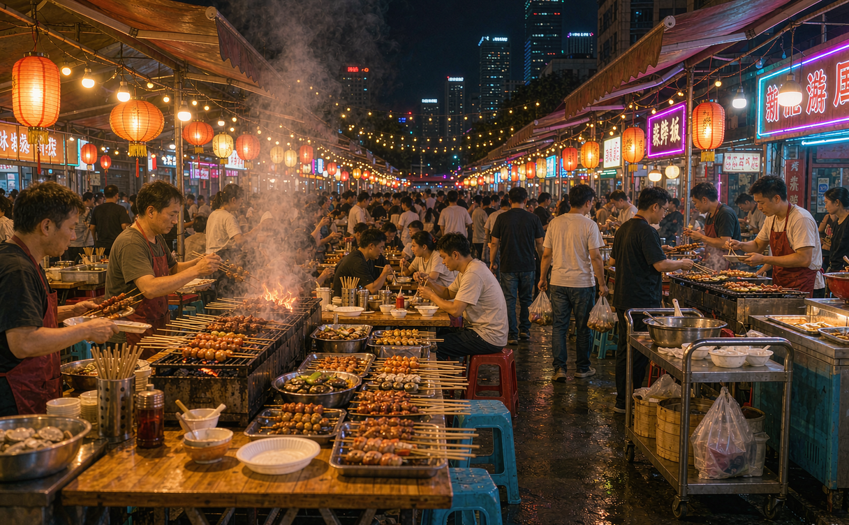 Busy Shenzhen night market with grilled skewers and glowing stall lights