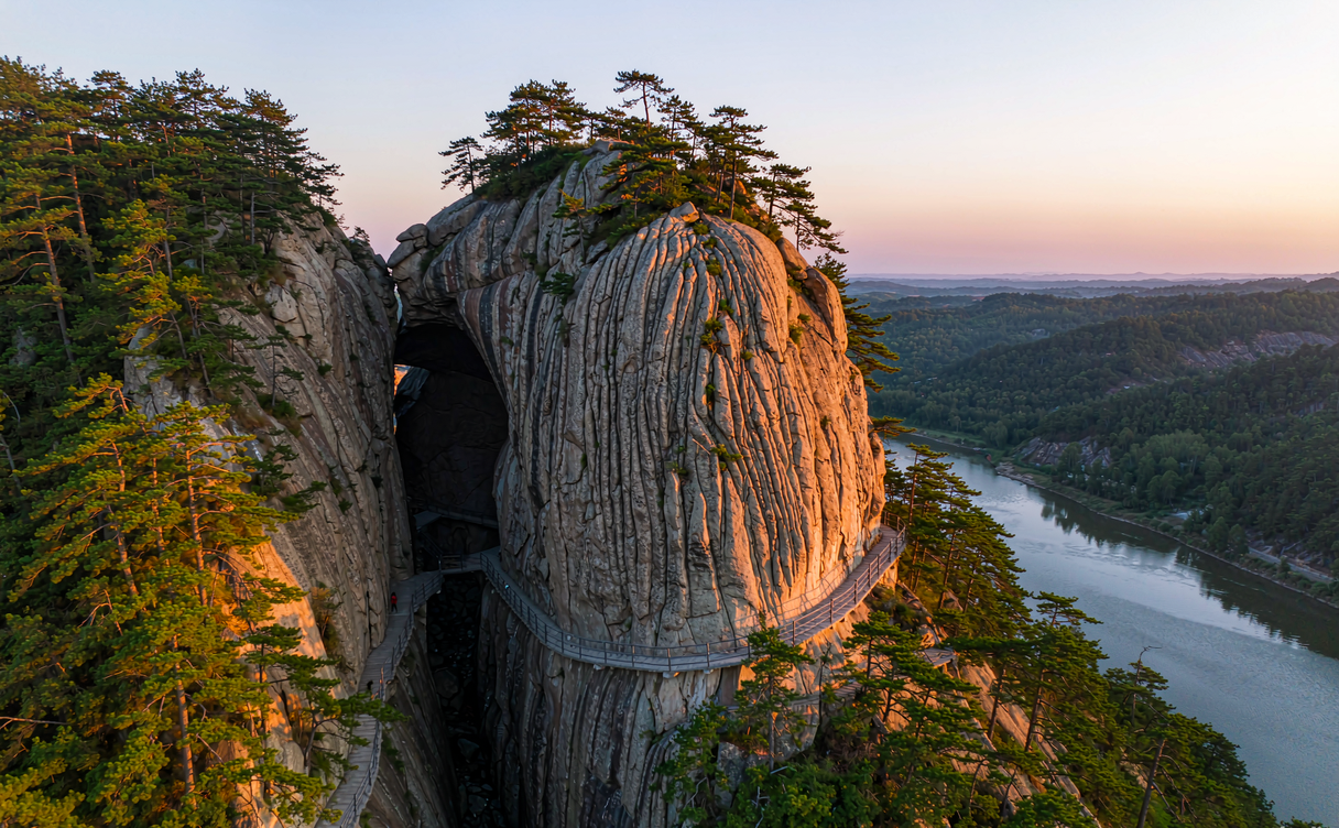 High glass suspension bridge spanning the red gorge at Shiniuzhai Hunan