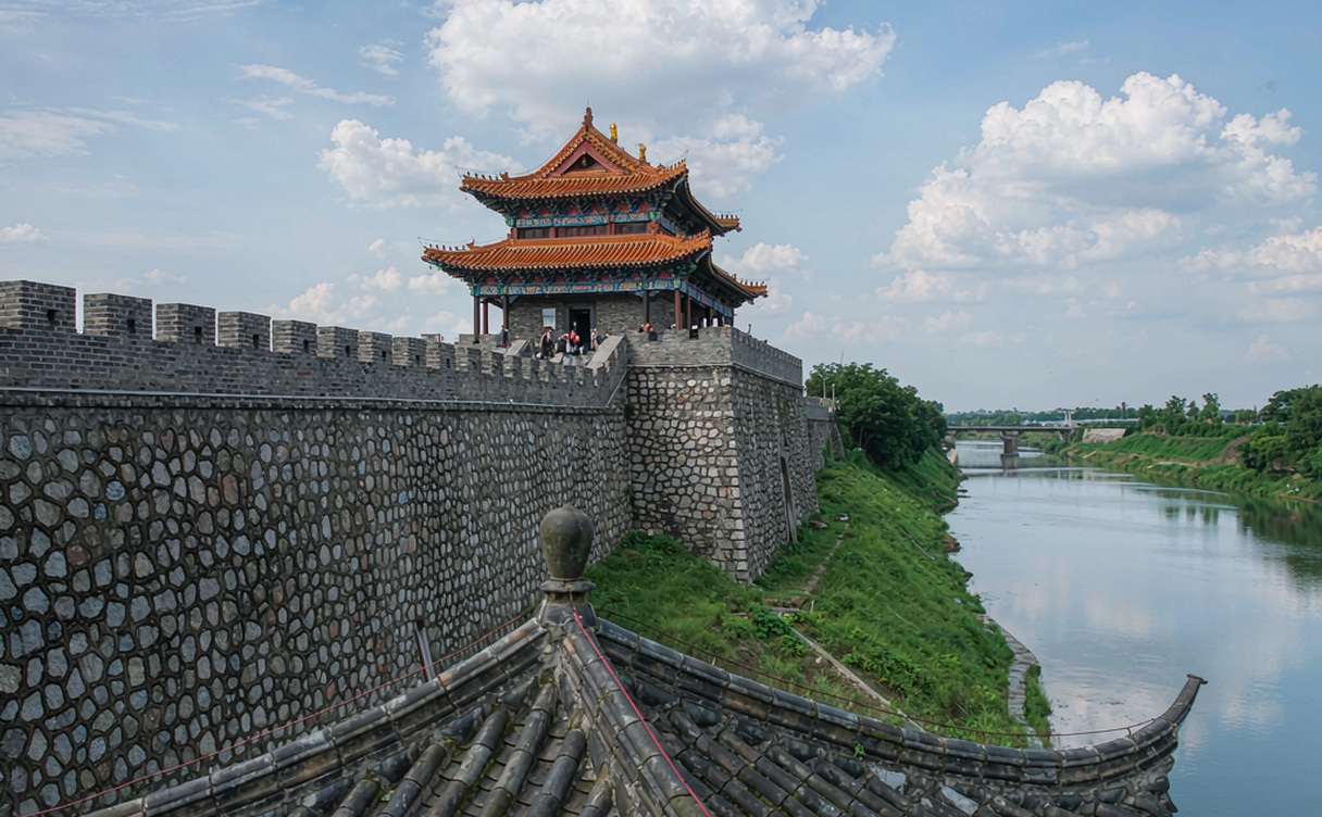 Intact Ming-era Shouxian city wall and moat at sunrise
