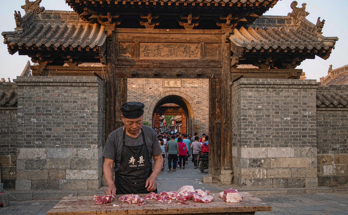 Quiet courtyard inside Shouxian Confucian Temple with stone pillars