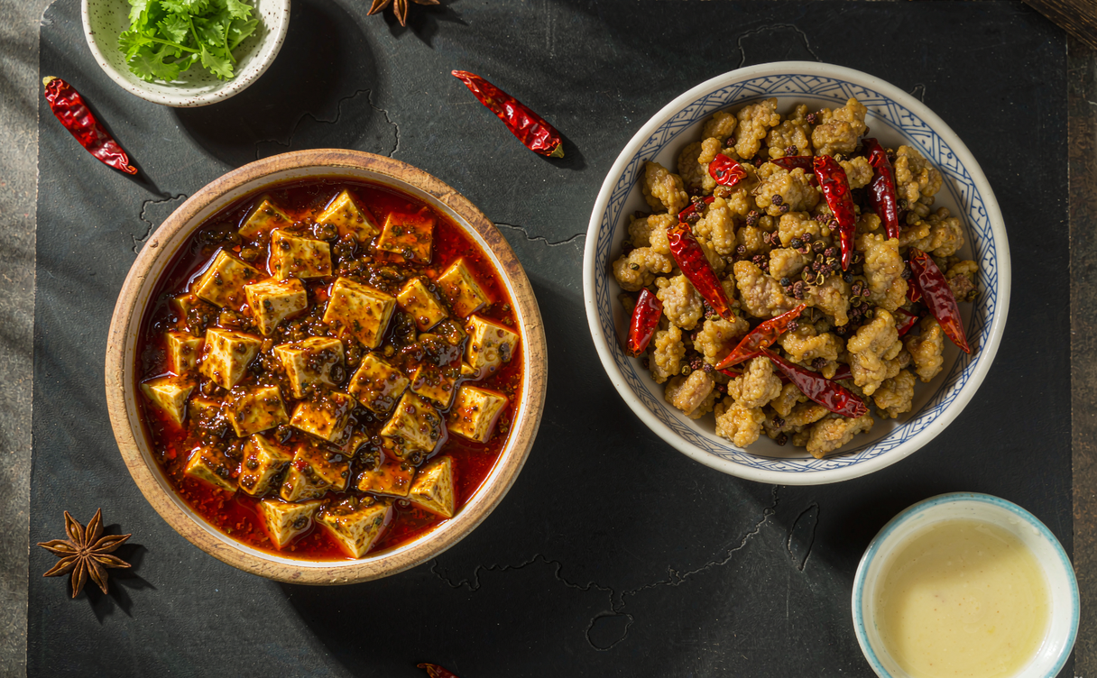 Mapo tofu and kung pao chicken with red chili and Sichuan pepper in China