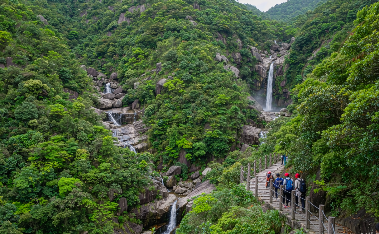 Huangzangyu virgin forest trail with waterfalls in Suzhou, Anhui