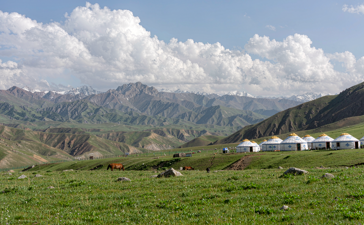 Tacheng border grassland with Kazakh yurts in Xinjiang, China