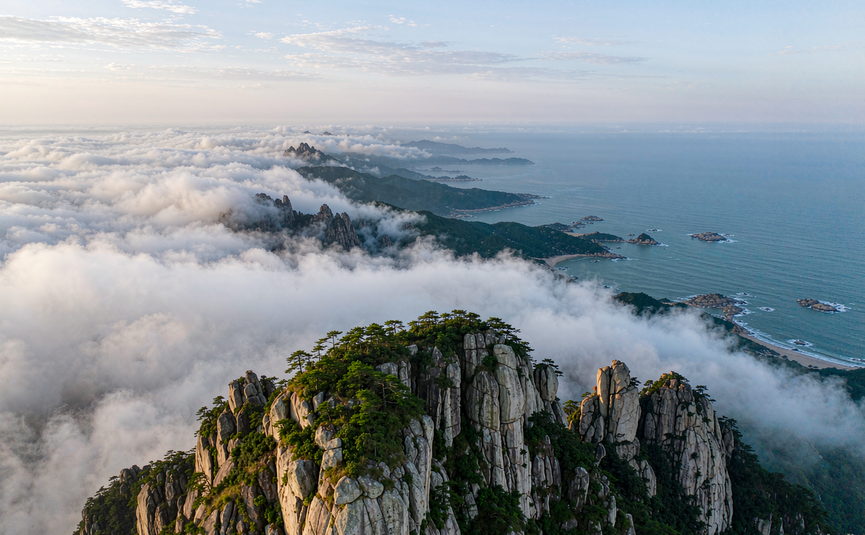 Sea of clouds and granite peaks at sunrise on Taimu Mountain, Fujian, China