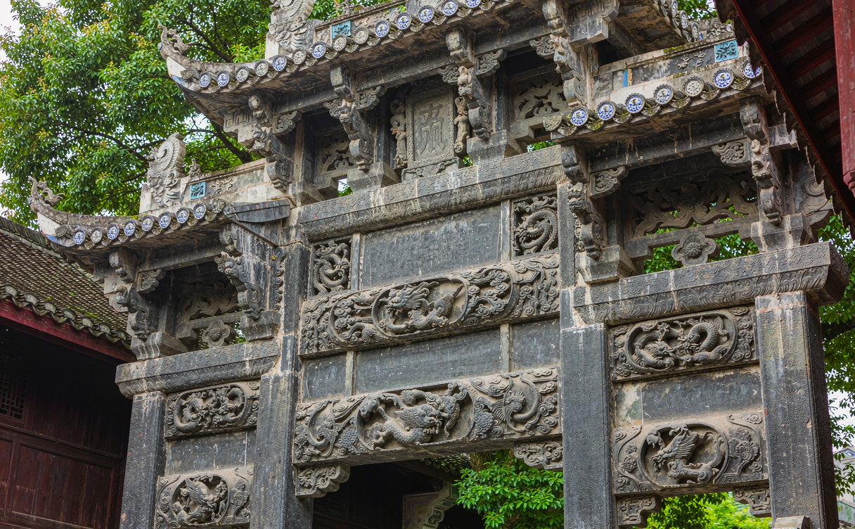 Seven stone Huizhou memorial archways lined up at Tangyue in Anhui