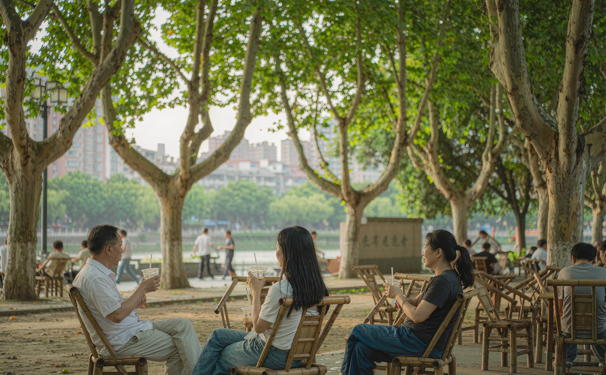 Chengdu teahouse with locals playing mahjong and gaiwan tea cups