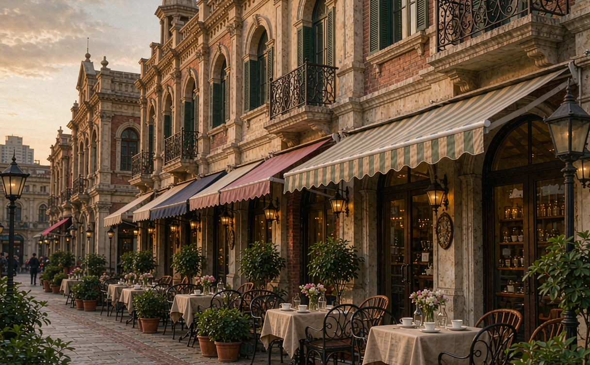 Tianjin Italian Style Town café terrace and street musicians at dusk