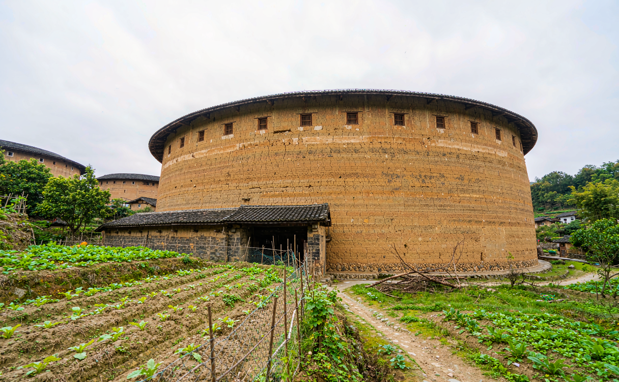Tianluokeng Tulou cluster of round and square earthen houses on a Fujian hillside