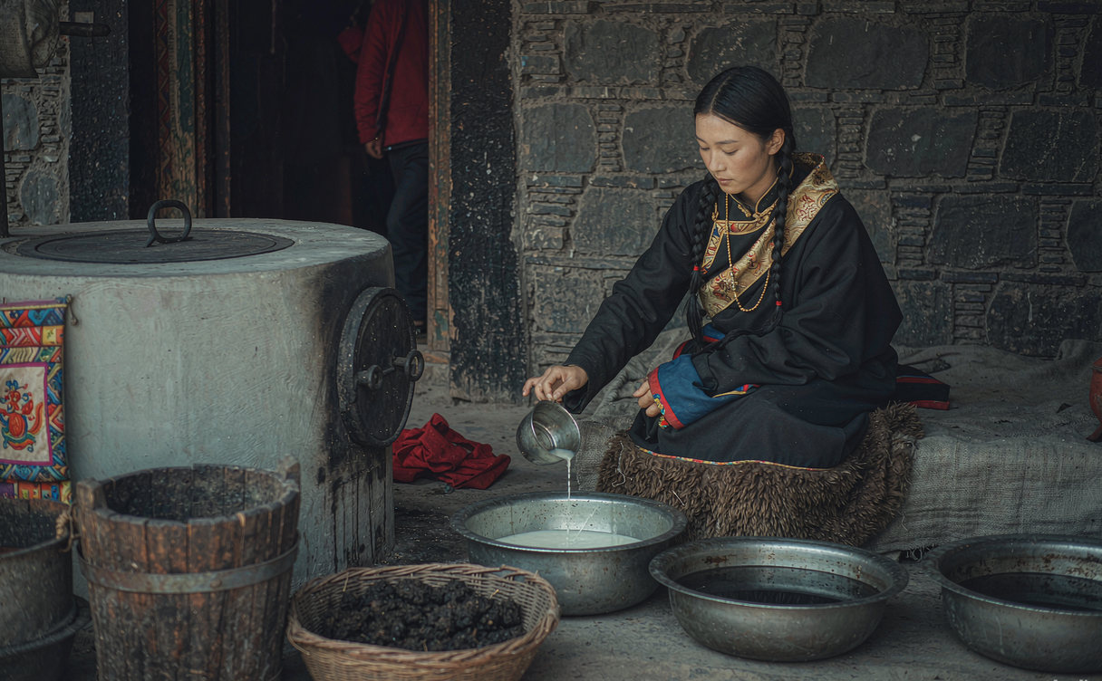 A wooden bowl of tsampa barley flour mixed with yak butter on a Lhasa kitchen table