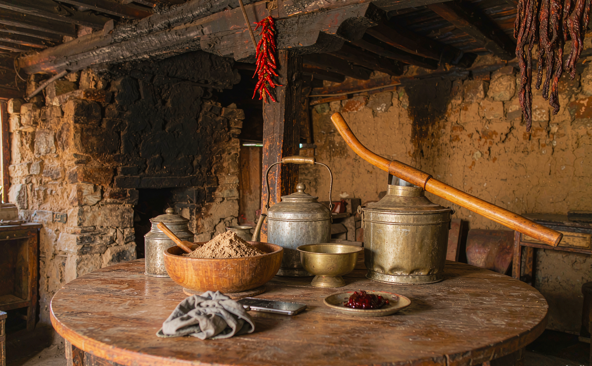 Steaming bowls of Tibetan thenthuk noodle soup and yak meat momos on a table