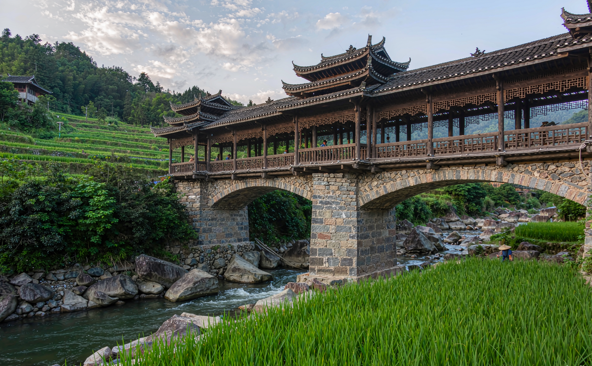 Dong wind-rain bridge in Tongdao Hunan at dusk