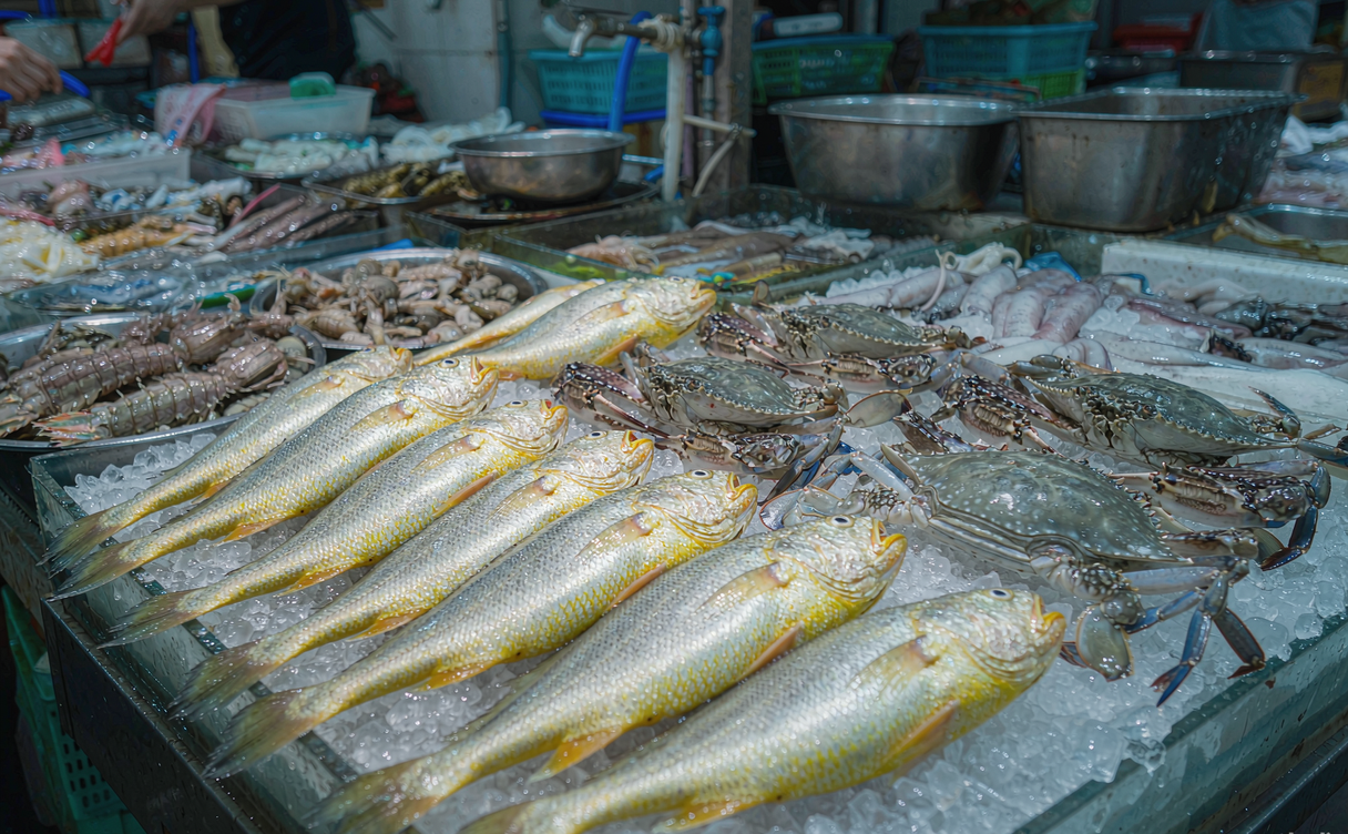 Wenzhou seafood market stall with yellow croaker and swimming crab