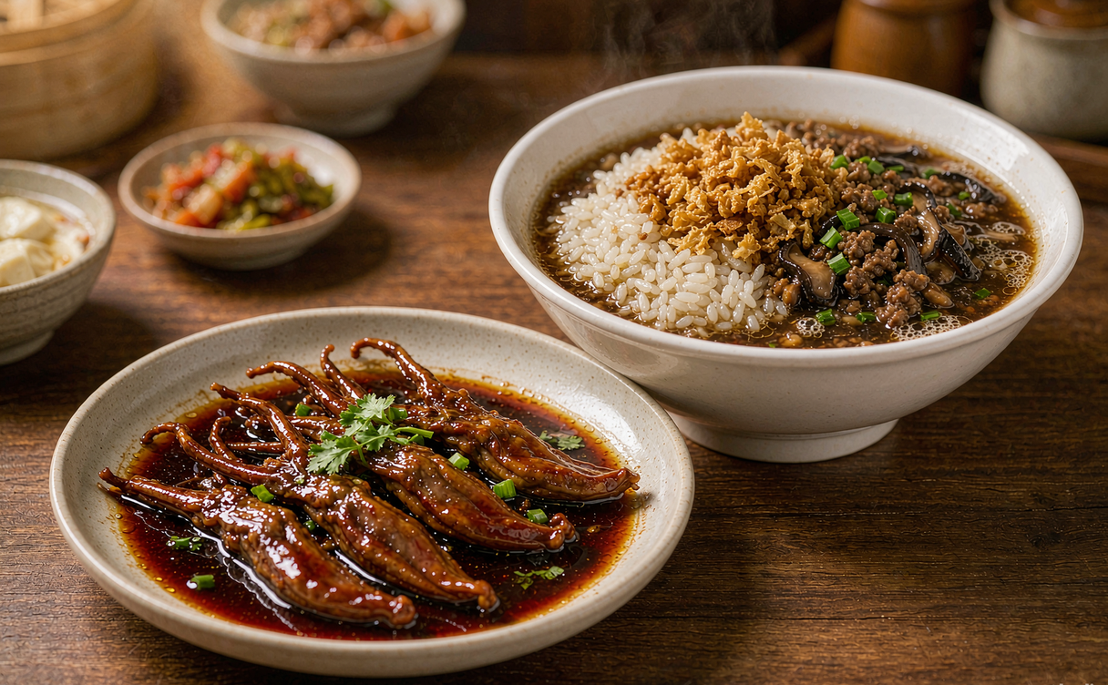 Braised Wenzhou duck tongues with sticky rice breakfast